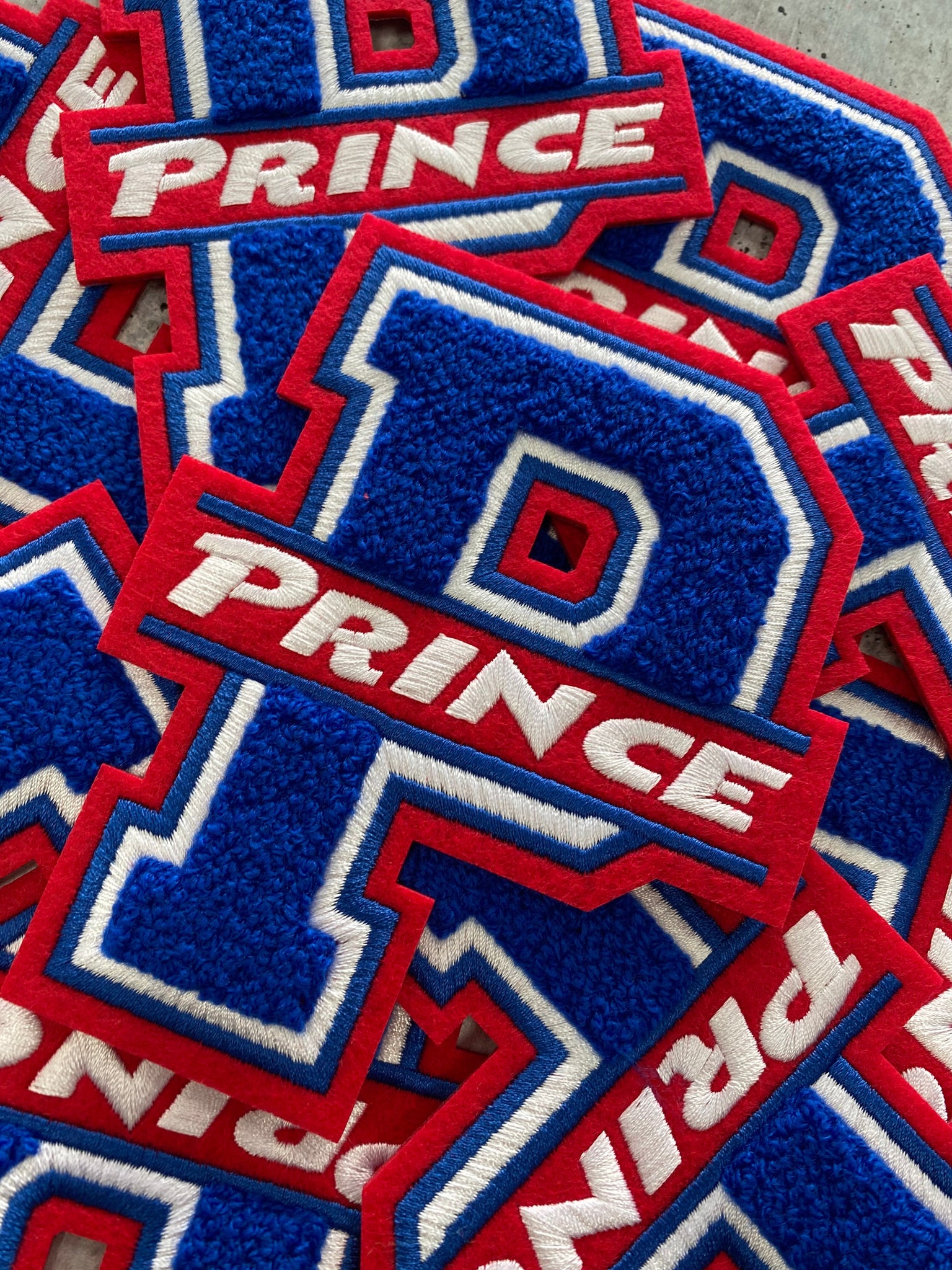 Black-History-Sale Monogram Letter, "P" Embroidered Word PRINCE, Blue, Red, White, Size 6", Iron-on Backing, Medium Applique, Varsity