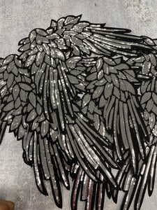 Black-History-Sale New Sequins, Silver Angel Wings Patch (iron-on) Size 10"x5.5", LARGE Bling Patch for Denim Jacket, Shirts, Hoodies