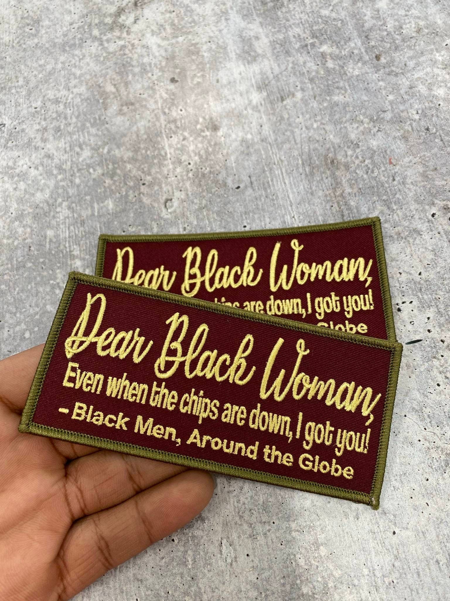 Exclusive, "Dear Black Woman" Iron-on Embroidered Patch,  Statement Patch for Clothing and Accessories, Size 5"x2", Black Unity Patch, DIY