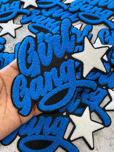 Blue w/White Star "Girl Gang" Chenille Patch, Colorful, Varsity Vintage Patch for DIY Crafts, Large Back Patch for Clothing, Iron-on