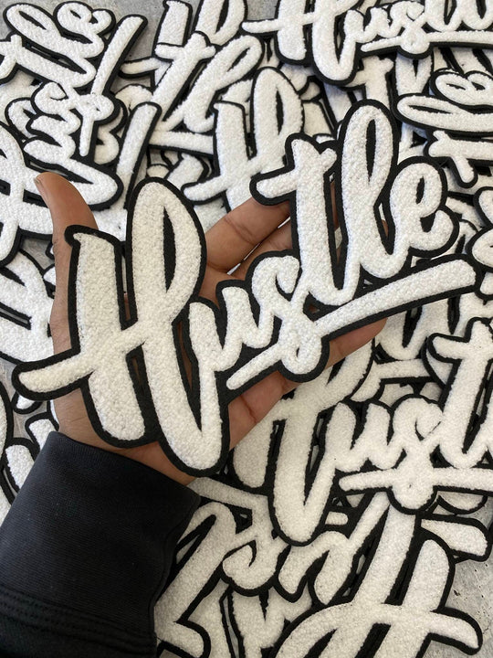 NEW, Pure White w/ Black Felt "Hustle" Chenille Patch (iron-on) Size 8"x6", Exclusive Varsity Patch for Denim Jacket, Shirts, & Hoodies