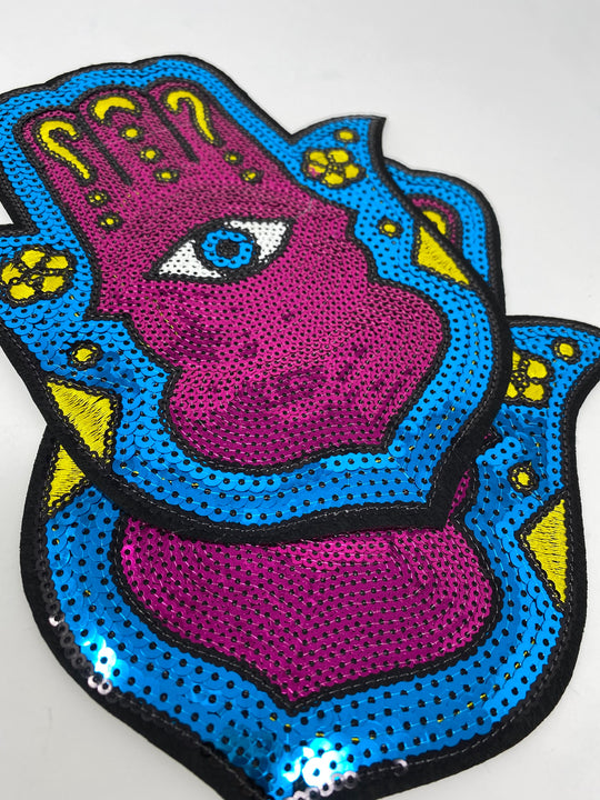 Medium, "Hamsa Eye Patch," NEW DESIGN Sequins Iron-on Patch, Colorful, Cool Bling Patch, DIY Applique; Vintage Patch, Size 7"