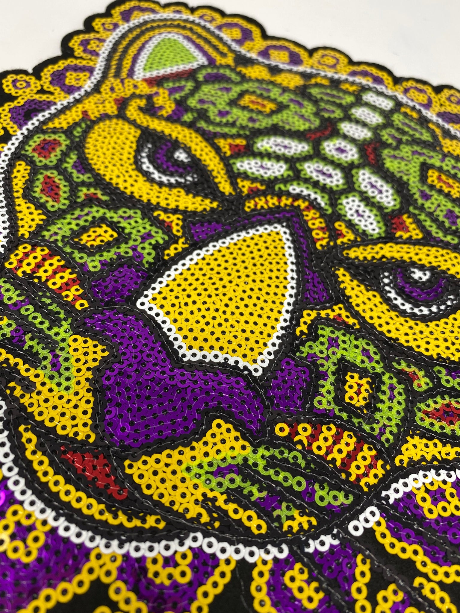 New Arrival, Purple, Green & Yellow Sequins "Panther" Head Iron-On Patch, Large Patch; Bling Patch, DIY Applique; Multicolor Patch, Size 9"