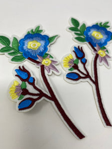 NEW, Floral 2 pc set, Blue Flowers W/ Brown Stem  (size 5-inches), matching embroidered iron-on floral patches, Flower Patches