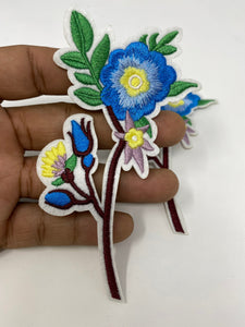 NEW, Floral 2 pc set, Blue Flowers W/ Brown Stem  (size 5-inches), matching embroidered iron-on floral patches, Flower Patches