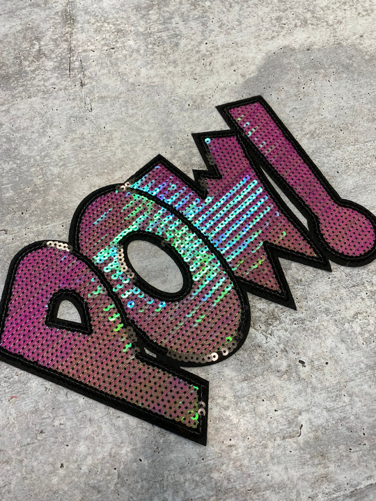 NEW, Sequins "POW!"  SEQUINS Patch, Adorable Emblem, Home Girls Statement Patch, Iron-on Embroidered Applique, Size 9.5", Jacket Patch