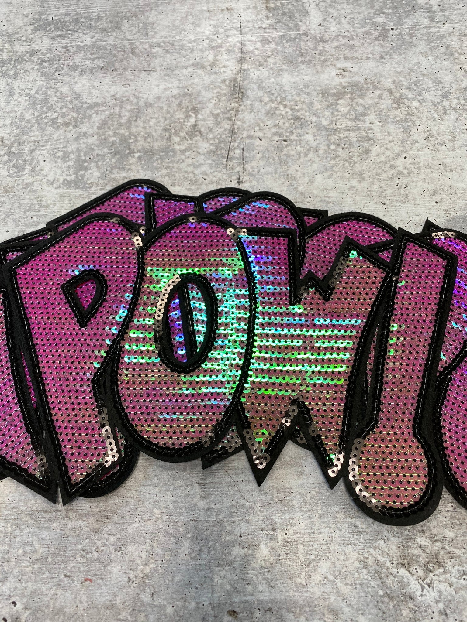 NEW, Sequins "POW!"  SEQUINS Patch, Adorable Emblem, Home Girls Statement Patch, Iron-on Embroidered Applique, Size 9.5", Jacket Patch