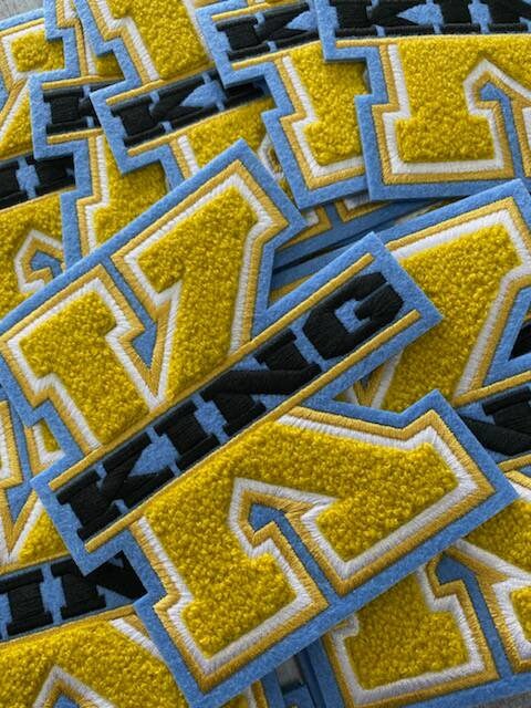 Monogram Letter, "K" King, Chenille Iron-on Patch, Size 6", Gold|Blue|White|Black, Patch for Men's Jacket and More