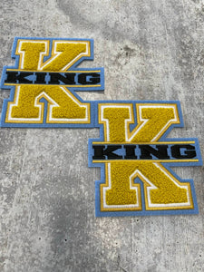 Monogram Letter, "K" King, Chenille Iron-on Patch, Size 6", Gold|Blue|White|Black, Patch for Men's Jacket and More