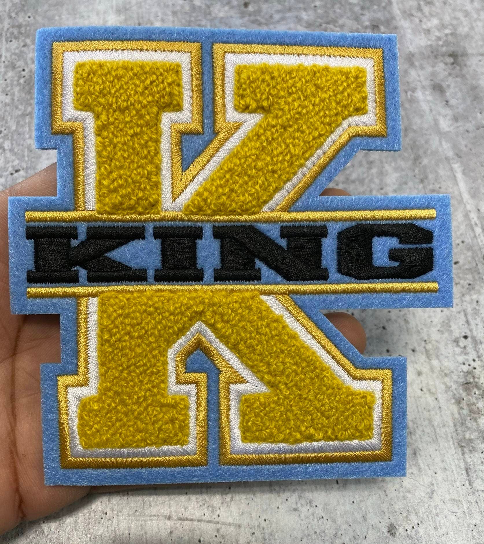 Monogram Letter, "K" King, Chenille Iron-on Patch, Size 6", Gold|Blue|White|Black, Patch for Men's Jacket and More