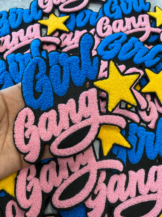 Blue and Pink w/Gold Star "Girl Gang" Chenille Patch, Colorful, Varsity Vintage Patch for DIY Crafts, Large Back Patch, Iron-on, 5.5"