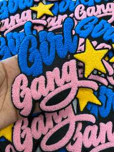Blue and Pink w/Gold Star "Girl Gang" Chenille Patch, Colorful, Varsity Vintage Patch for DIY Crafts, Large Back Patch, Iron-on, 5.5"