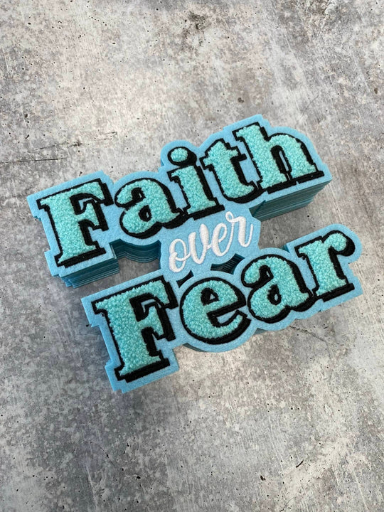 NEW, Baby Blue with Aqua Blue, Combo "Faith over Fear", Chenille Patch (iron-on) Size 6", Patch for Varsity Jackets, Clothing, and More
