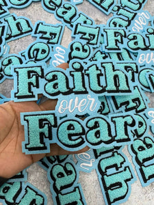 NEW, Baby Blue with Aqua Blue, Combo "Faith over Fear", Chenille Patch (iron-on) Size 6", Patch for Varsity Jackets, Clothing, and More
