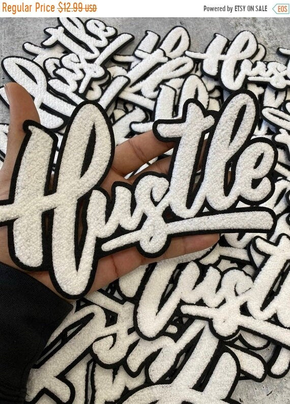 NEW, Pure White w/ Black Felt "Hustle" Chenille Patch (iron-on) Size 8"x6", Exclusive Varsity Patch for Denim Jacket, Shirts, & Hoodies
