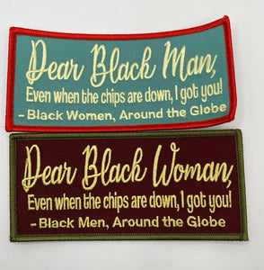Exclusive, "Dear Black Man" Iron-on Embroidered Patch,  Statement Patch for Clothing and Accessories, Size 5"x2", Black Unity Patch, DIY