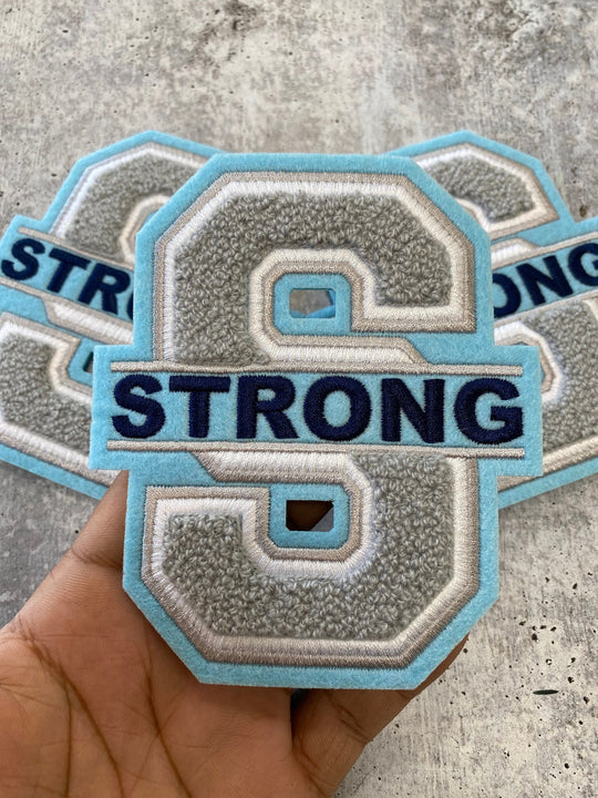 Black-History-Sale Monogram Letter, "S" Embroidered Word STRONG, Blue, Gray, White, Size 6", Iron-on Backing, Medium Applique, Varsity