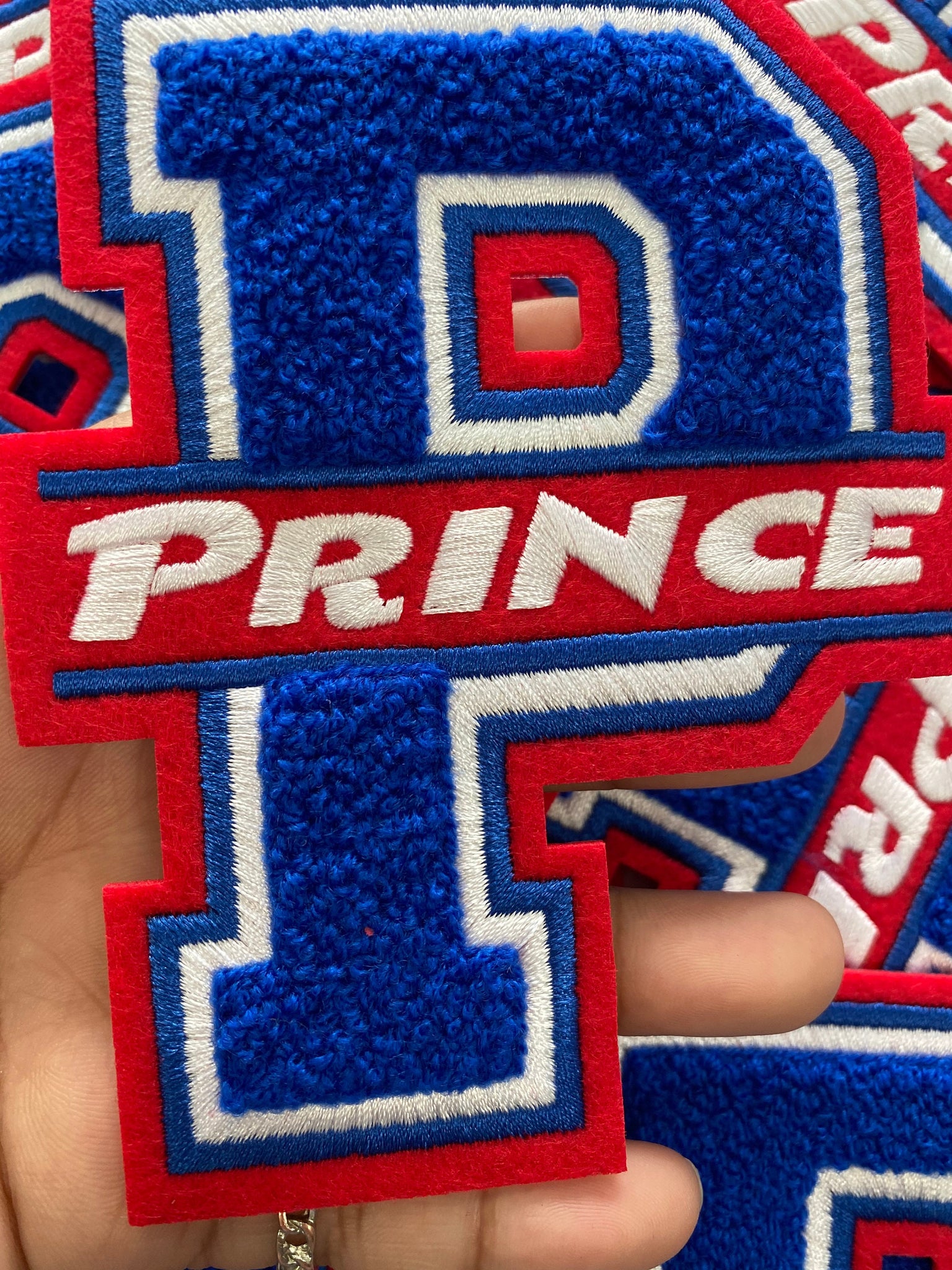 Black-History-Sale Monogram Letter, "P" Embroidered Word PRINCE, Blue, Red, White, Size 6", Iron-on Backing, Medium Applique, Varsity