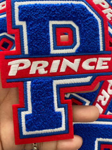 Chenille, Monogram Letter, "P" Embroidered Word PRINCE, Blue, Red, White, Size 6", Iron-on Backing, Medium Applique, Varsity