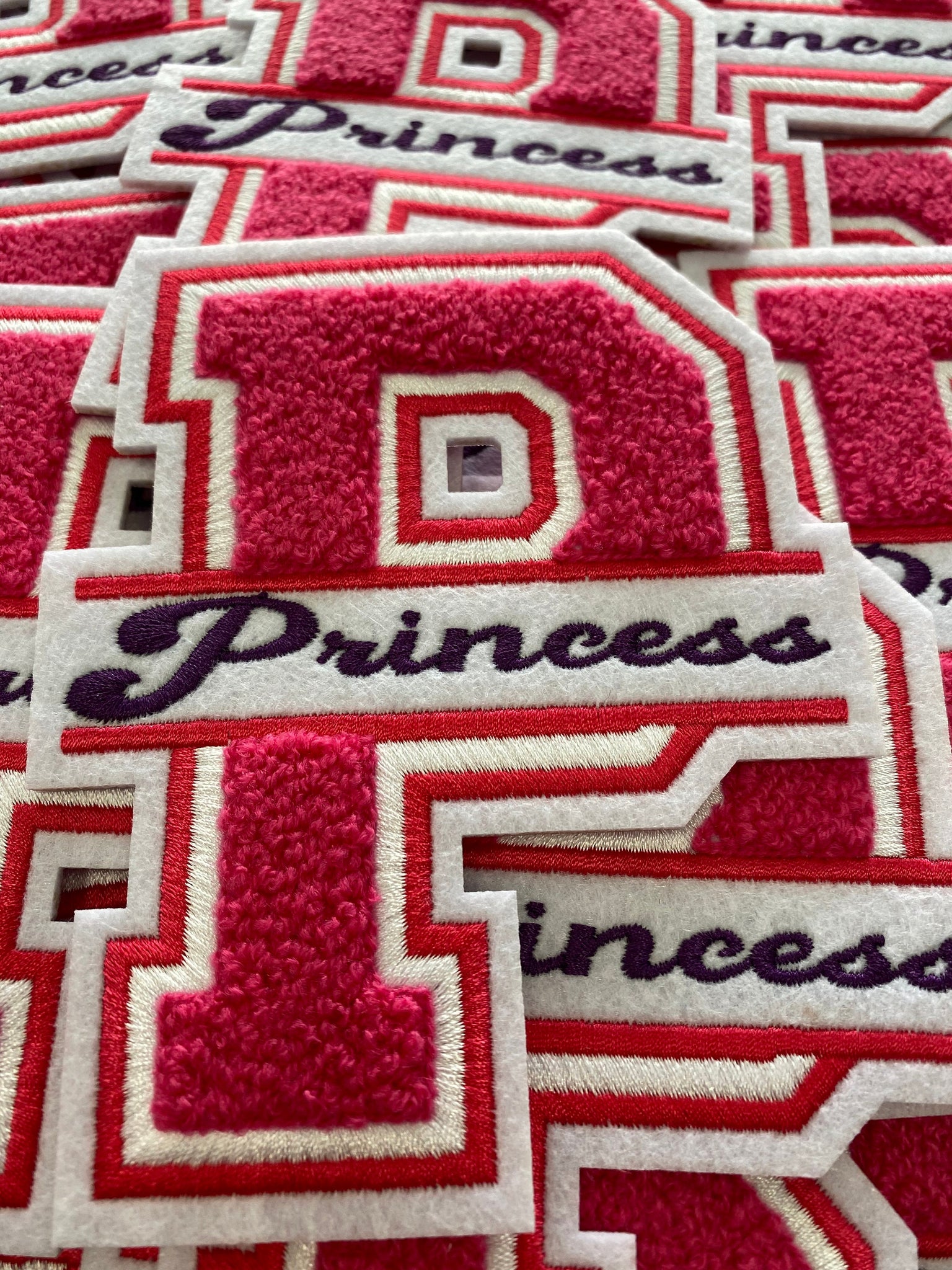 Black-History-Sale Monogram Letter, "P" Embroidered Word PRINCESS, Pink, Red, White, Size 6", Iron-on Backing, Medium Applique, Varsity