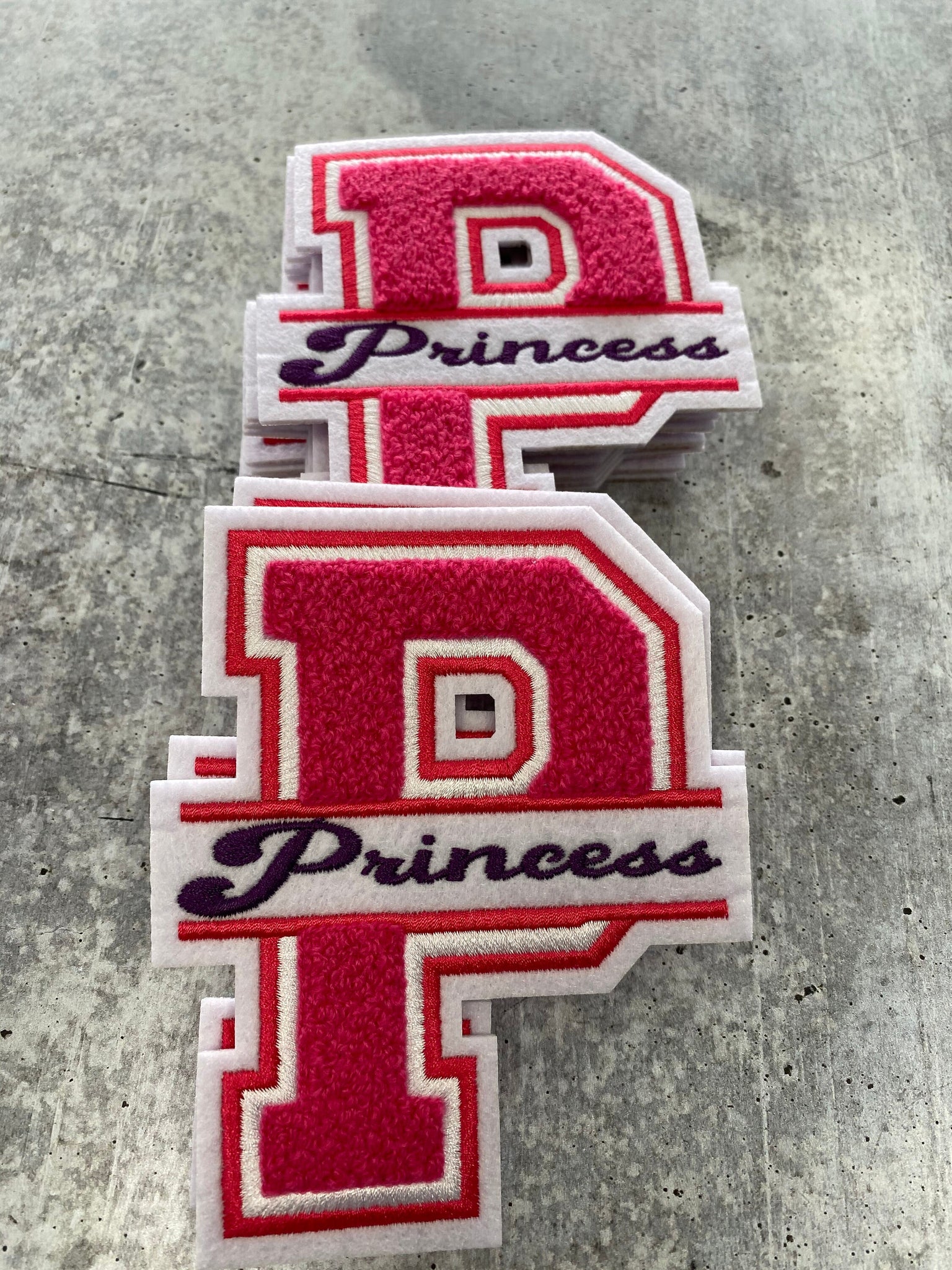 Black-History-Sale Monogram Letter, "P" Embroidered Word PRINCESS, Pink, Red, White, Size 6", Iron-on Backing, Medium Applique, Varsity