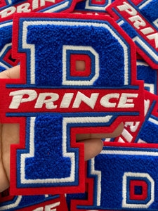 Black-History-Sale Monogram Letter, "P" Embroidered Word PRINCE, Blue, Red, White, Size 6", Iron-on Backing, Medium Applique, Varsity