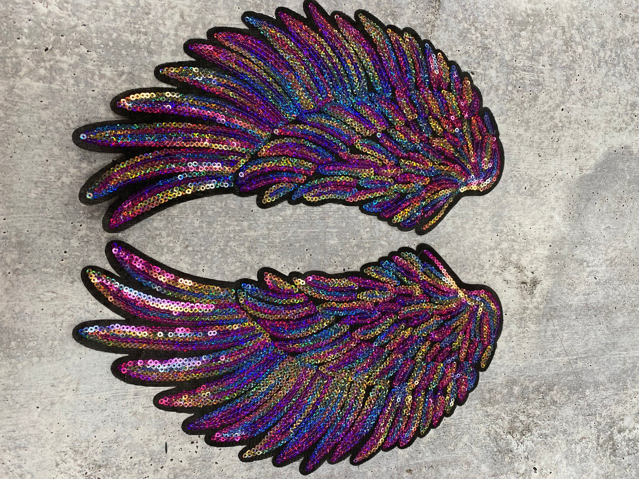 New Sequins, Multi-Colored Angel Wings Patch (iron-on) Size 10"x5.5", LARGE Bling Patch for Denim Jacket, Shirts, Hoodies