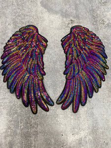 New Sequins, Multi-Colored Angel Wings Patch (iron-on) Size 10"x5.5", LARGE Bling Patch for Denim Jacket, Shirts, Hoodies
