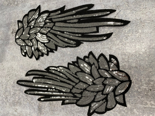 New Sequins, Silver Angel Wings Patch (iron-on) Size 10"x5.5", LARGE Bling Patch for Denim Jacket, Shirts, Hoodies