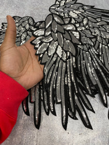 Black-History-Sale New Sequins, Silver Angel Wings Patch (iron-on) Size 10"x5.5", LARGE Bling Patch for Denim Jacket, Shirts, Hoodies