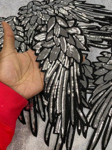 Black-History-Sale New Sequins, Silver Angel Wings Patch (iron-on) Size 10"x5.5", LARGE Bling Patch for Denim Jacket, Shirts, Hoodies