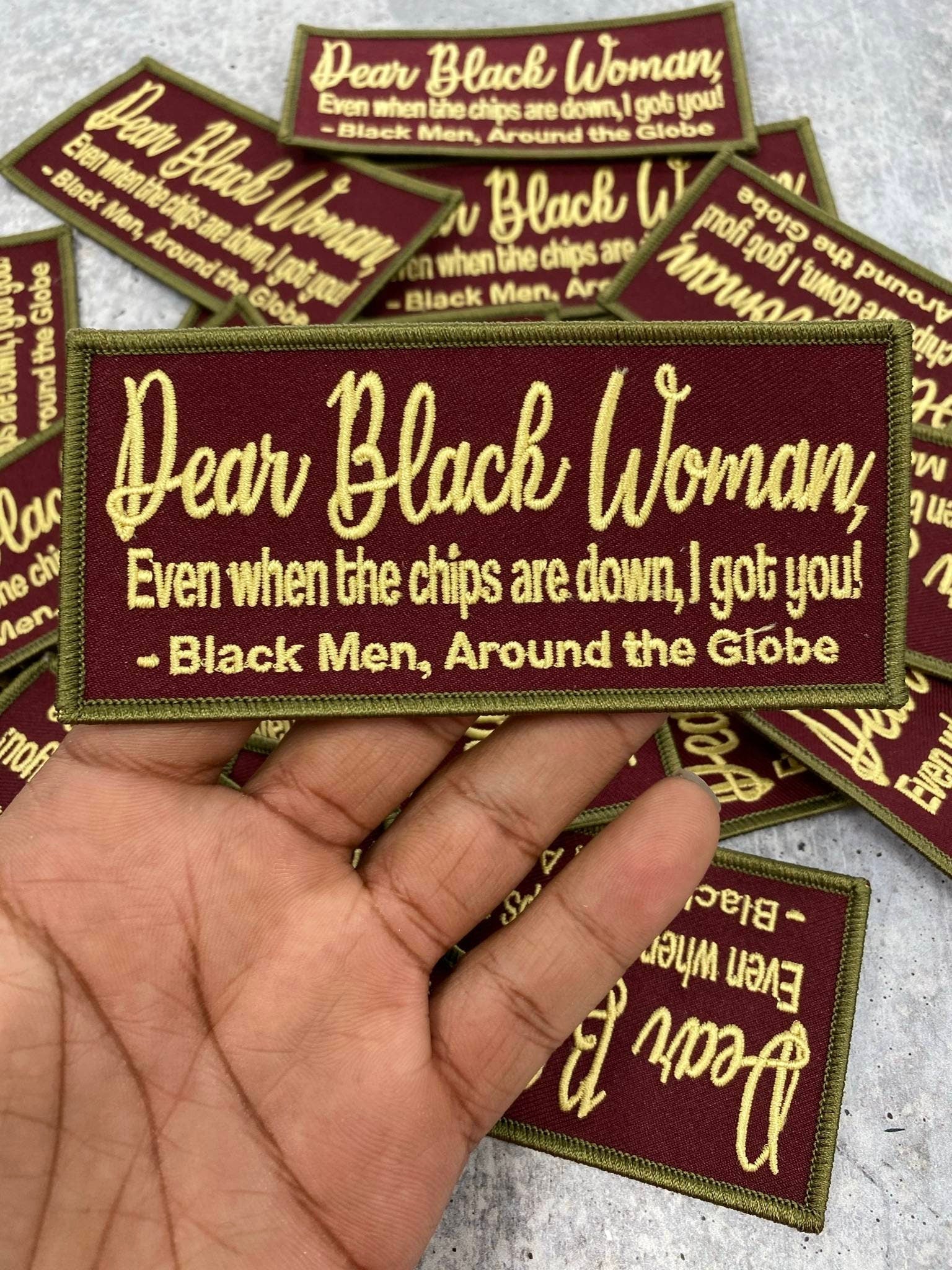 Exclusive, "Dear Black Woman" Iron-on Embroidered Patch,  Statement Patch for Clothing and Accessories, Size 5"x2", Black Unity Patch, DIY