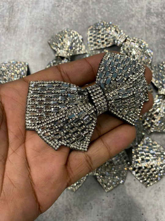 2 pcs, Blinged Bow-tie; Tufted Patch with Felt Back, Accessorize  Shoes, Clothing, Size 5" x 2" length; Craft Supplie, AB Rhinestone Bow