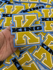 Monogram Letter, "K" King, Chenille Iron-on Patch, Size 6", Gold|Blue|White|Black, Patch for Men's Jacket and More