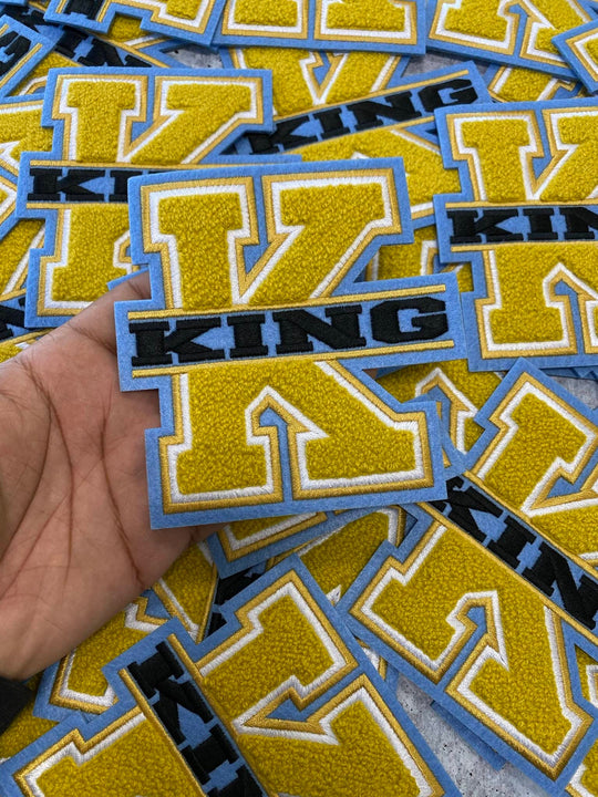 Monogram Letter, "K" King, Chenille Iron-on Patch, Size 6", Gold|Blue|White|Black, Patch for Men's Jacket and More