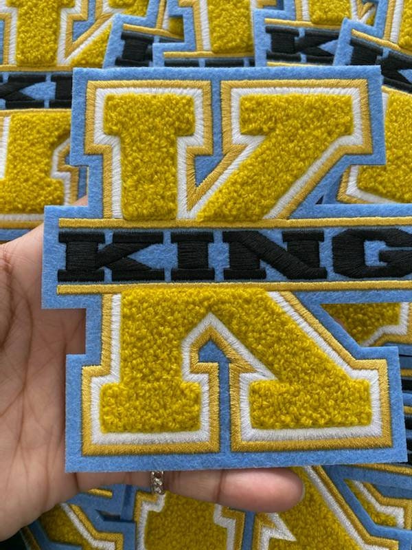 Monogram Letter, "K" King, Chenille Iron-on Patch, Size 6", Gold|Blue|White|Black, Patch for Men's Jacket and More