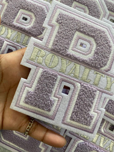 New, Monogram Letter, "R" Royalty, Chenille Iron-on Patch, Size 6",Light Purple|Silver|White, Patch for Jackets and More