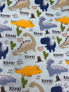 NEW, "Dinosaur ROAR", 100% Ribbed Cotton Fabric, Boutique Fabric, Custom Made Kids Fabric for Masks, Accessories, Bedding & More, 1 Yard