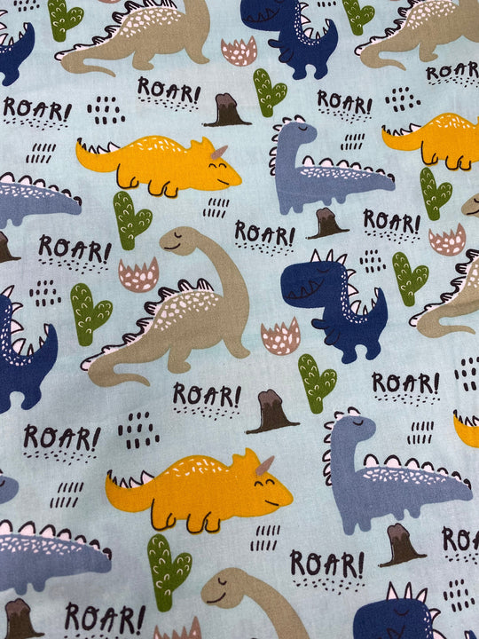 NEW, "Dinosaur ROAR", 100% Ribbed Cotton Fabric, Boutique Fabric, Custom Made Kids Fabric for Masks, Accessories, Bedding & More, 1 Yard