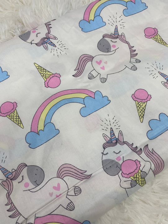 NEW, "Unicorn Ice Cream Dreams", 100%Ribbed Cotton Fabric, Boutique Fabric, Custom Made Kids Fabric for Masks,Accessories, Bedding Etc, 1 Yd