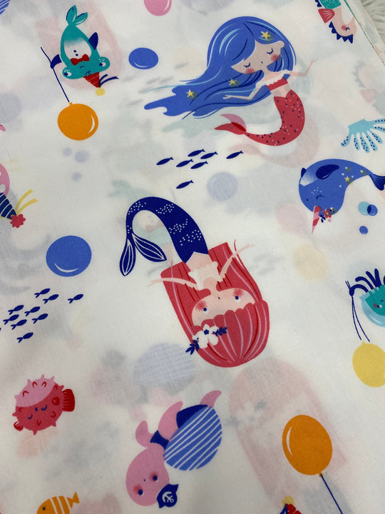 NEW,"Cute Mermaids", 100% Ribbed Cotton Fabric, Boutique Fabric,Custom Made Kids Fabric for Masks, Accessories,Bedding & More, 1Yard