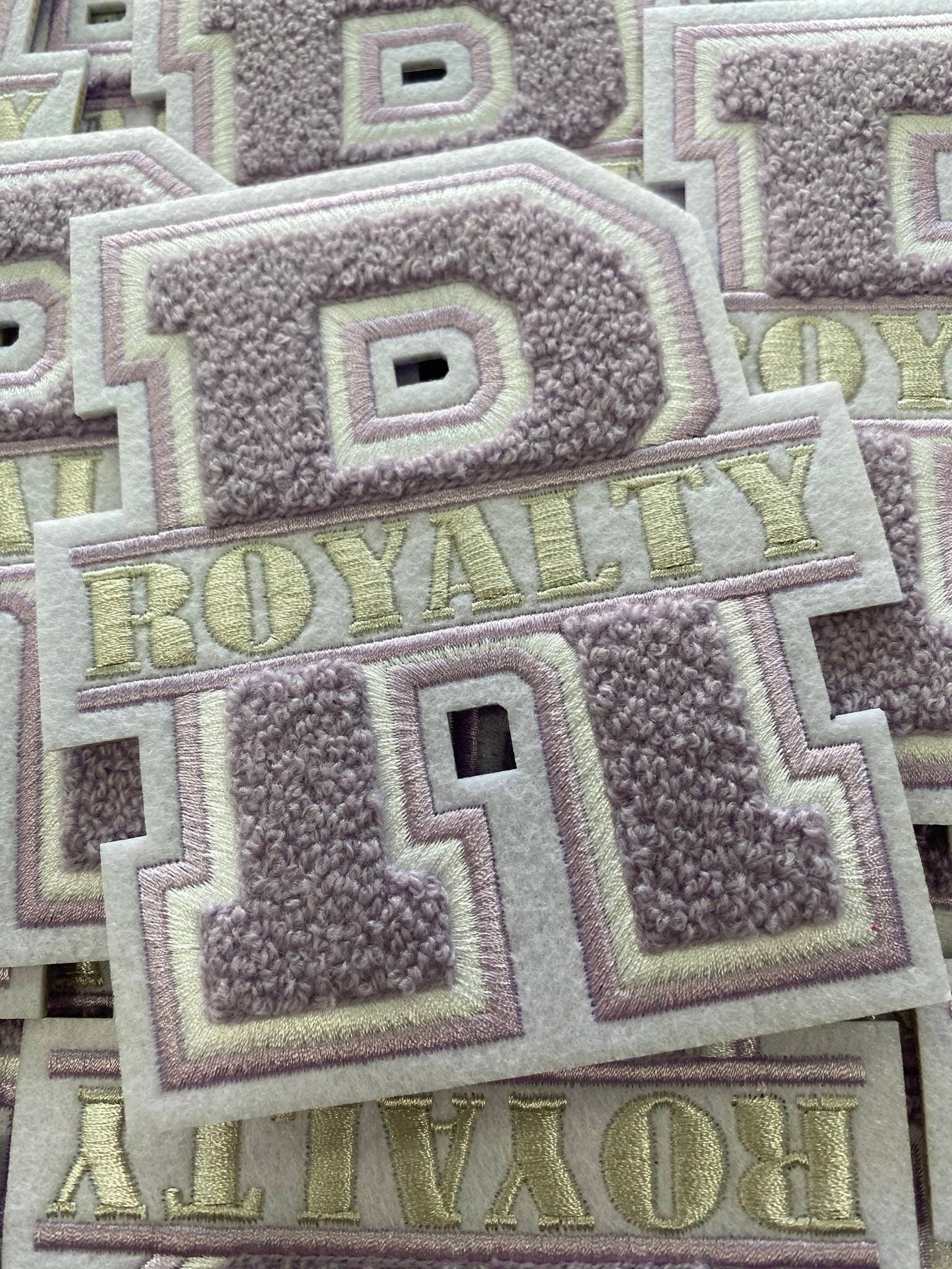 New, Monogram Letter, "R" Royalty, Chenille Iron-on Patch, Size 6",Light Purple|Silver|White, Patch for Jackets and More