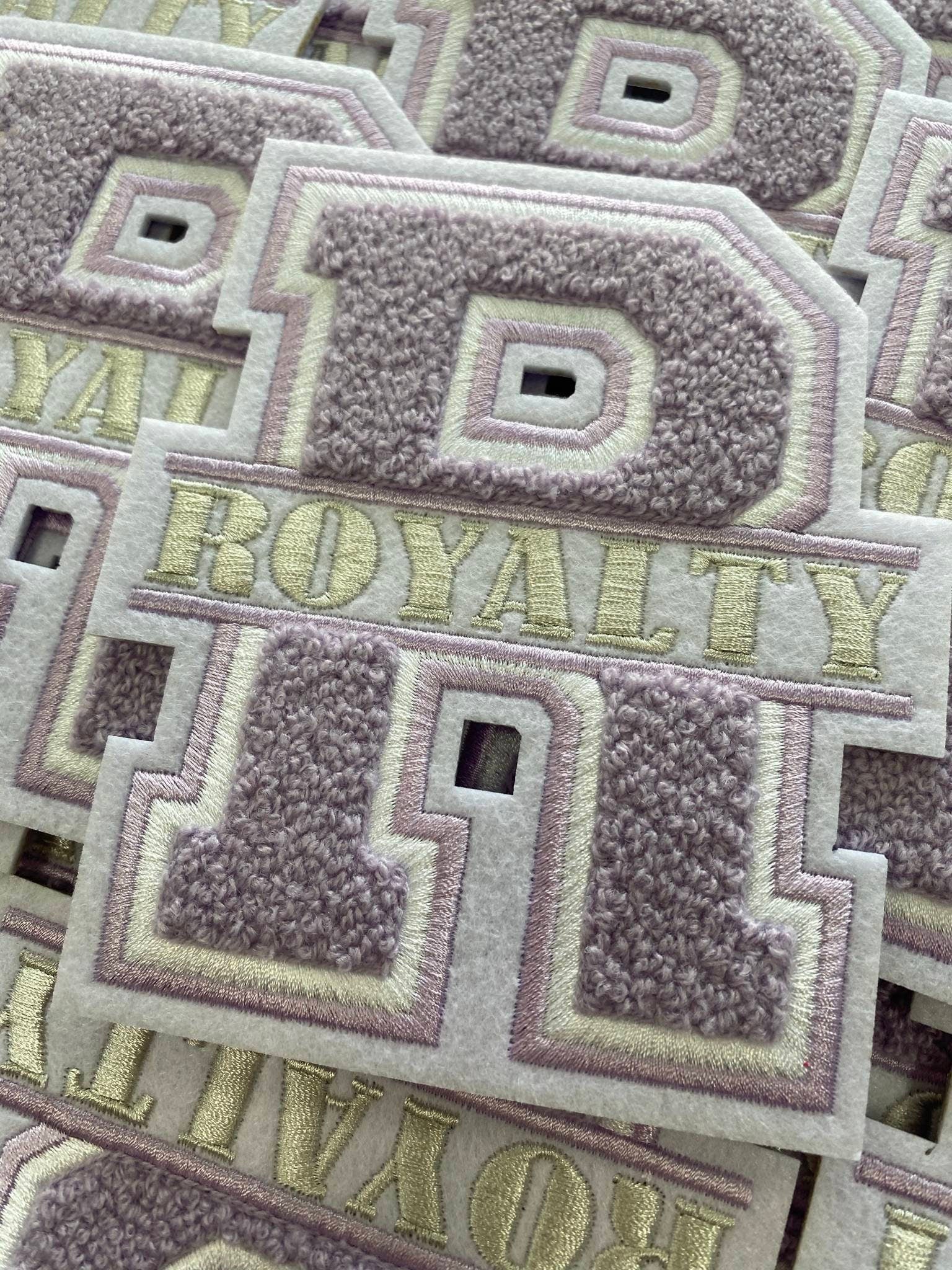 New, Monogram Letter, "R" Royalty, Chenille Iron-on Patch, Size 6",Light Purple|Silver|White, Patch for Jackets and More