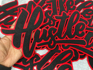 Choose Your Color: "Hustle" Chenille Patch (iron-on) Size 10"x8", Varsity Patch for Denim Jacket, Shirts and Hoodies, Large Patch, Exclusive