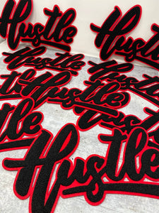 Exclusive, Black & Red "Hustle" Chenille Patch (iron-on) Size 10"x8", Varsity Patch for Denim Jacket, Shirts and Hoodies, Large Patch