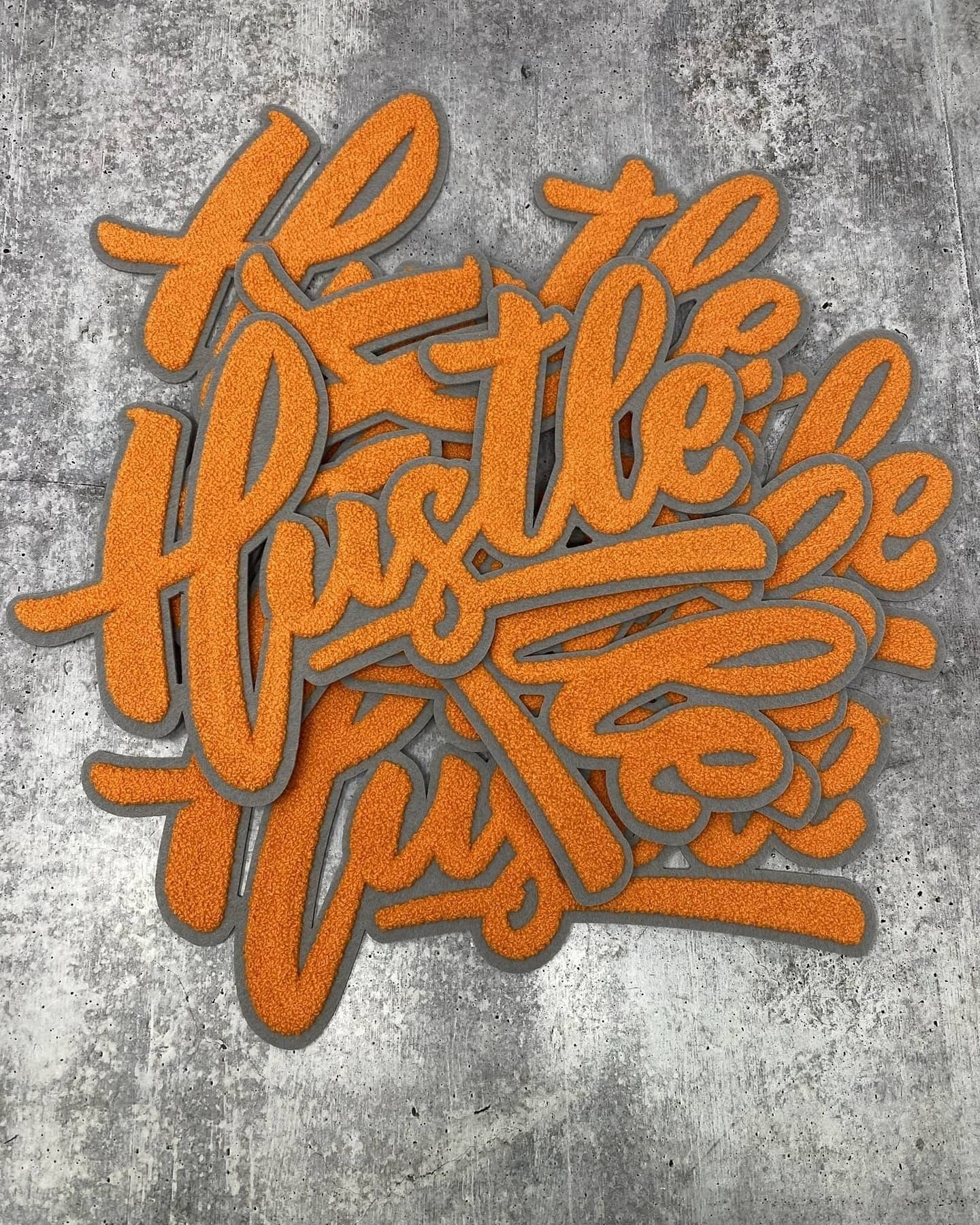 Exclusive, Orange & Gray "Hustle" Chenille Patch (iron-on) Size 10"x8", Varsity Patch for Denim Jacket, Shirts and Hoodies, Large Patch
