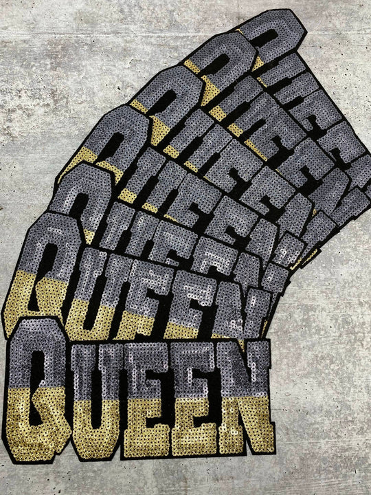 New Arrival, Large "Queen" Black & Silver Metallic Sequins, Iron-On Patch, Jacket Patch; Bling Patch, DIY Applique; Size 10" x 6"