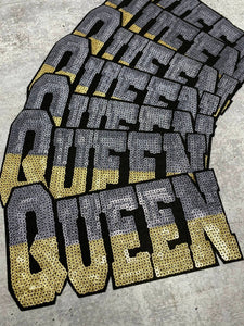 New Arrival, Large "Queen" Black & Silver Metallic Sequins, Iron-On Patch, Jacket Patch; Bling Patch, DIY Applique; Size 10" x 6"