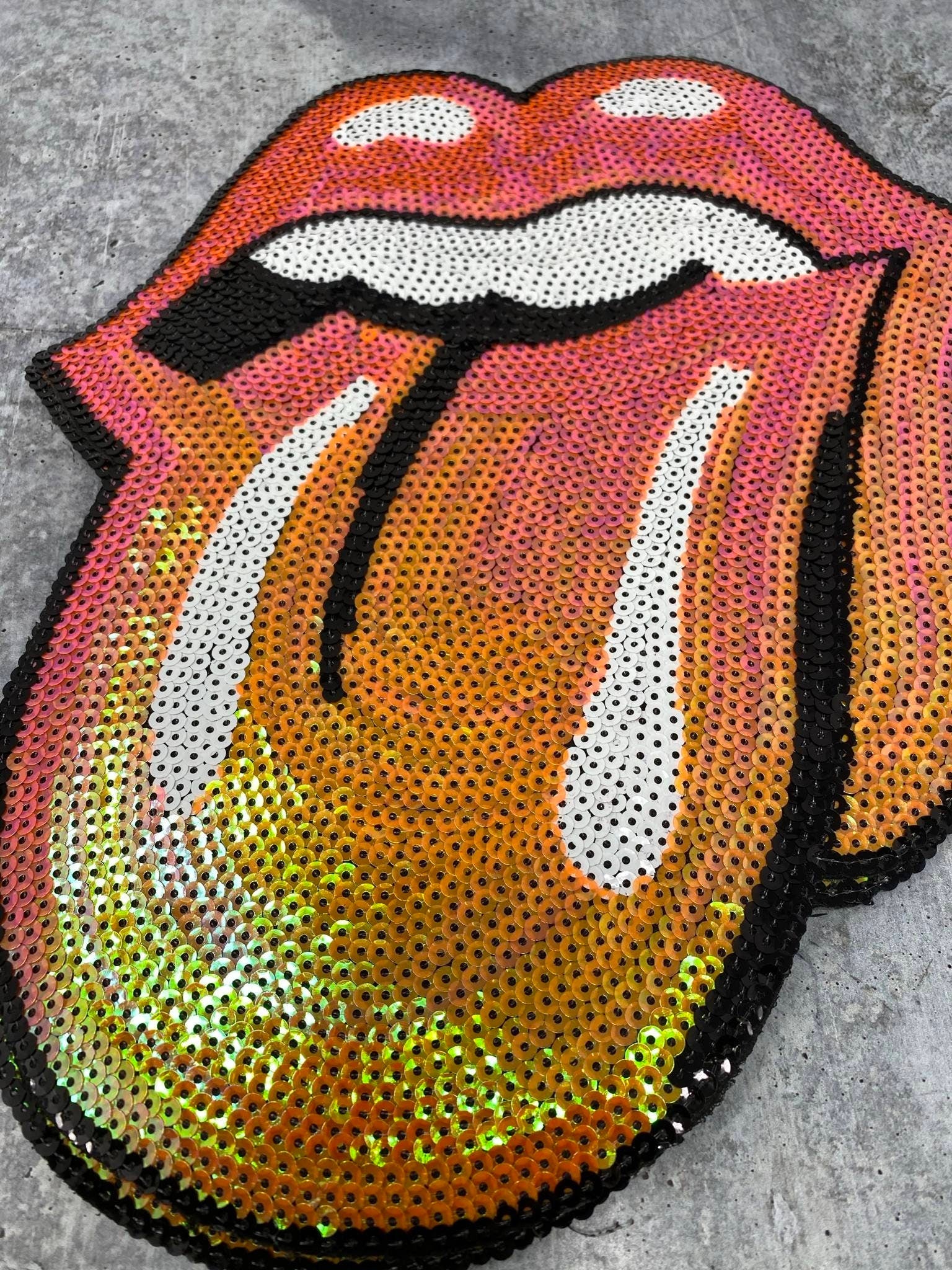 New, "ORANGE" Iridescent Sequins Lips and Tongue Patch (iron-on) Size 13", LARGE Bling Patch for Denim Jacket, Shirts, Hoodies, and More