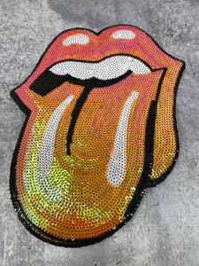 New, "ORANGE" Iridescent Sequins Lips and Tongue Patch (iron-on) Size 13", LARGE Bling Patch for Denim Jacket, Shirts, Hoodies, and More
